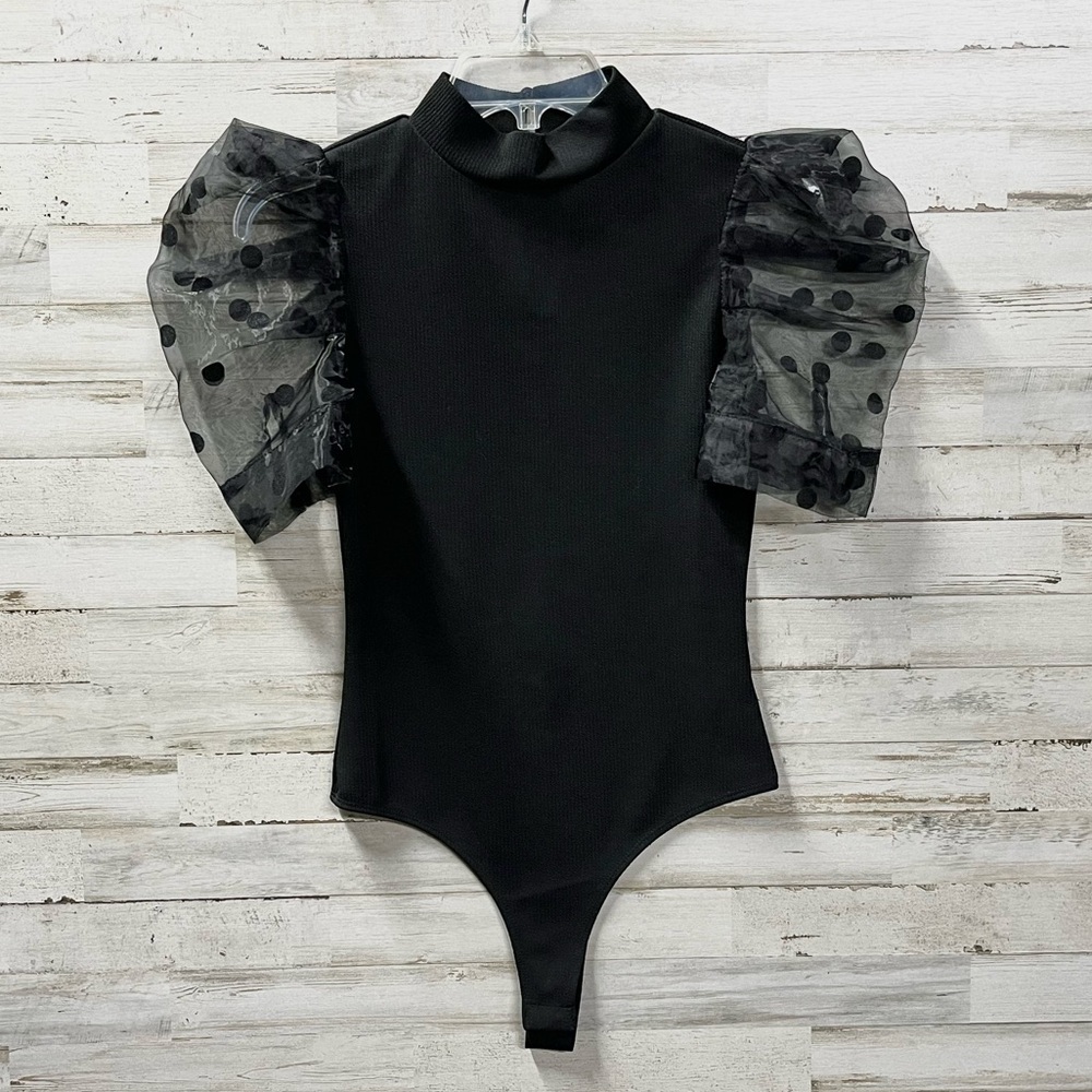 TCEC Black Sheer Puff Sleeve Bodysuit